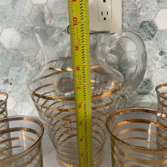 Vintage MCM Glass Serving Set, Horizontal Gold Stripes, Pitcher  & 4 Glasses - Picture 5 of 12
